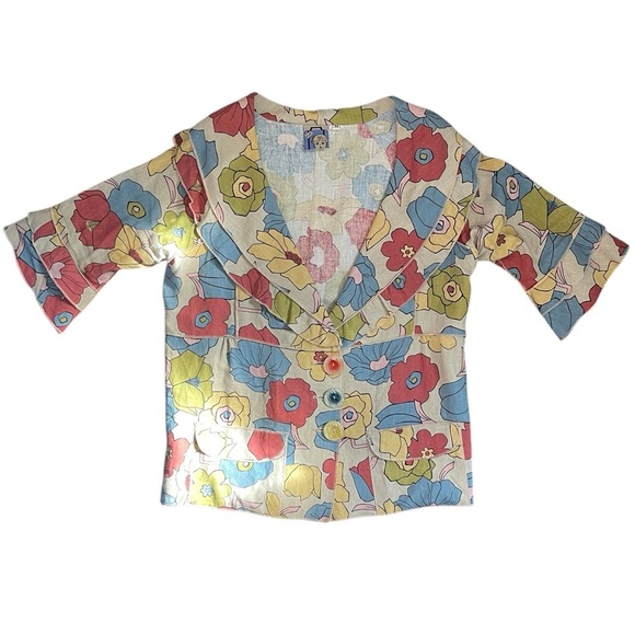Papike Wearable Art Linen Jacket Rare Floral Print Handmade USA Ruffle Sleeve M - Picture 9 of 9
